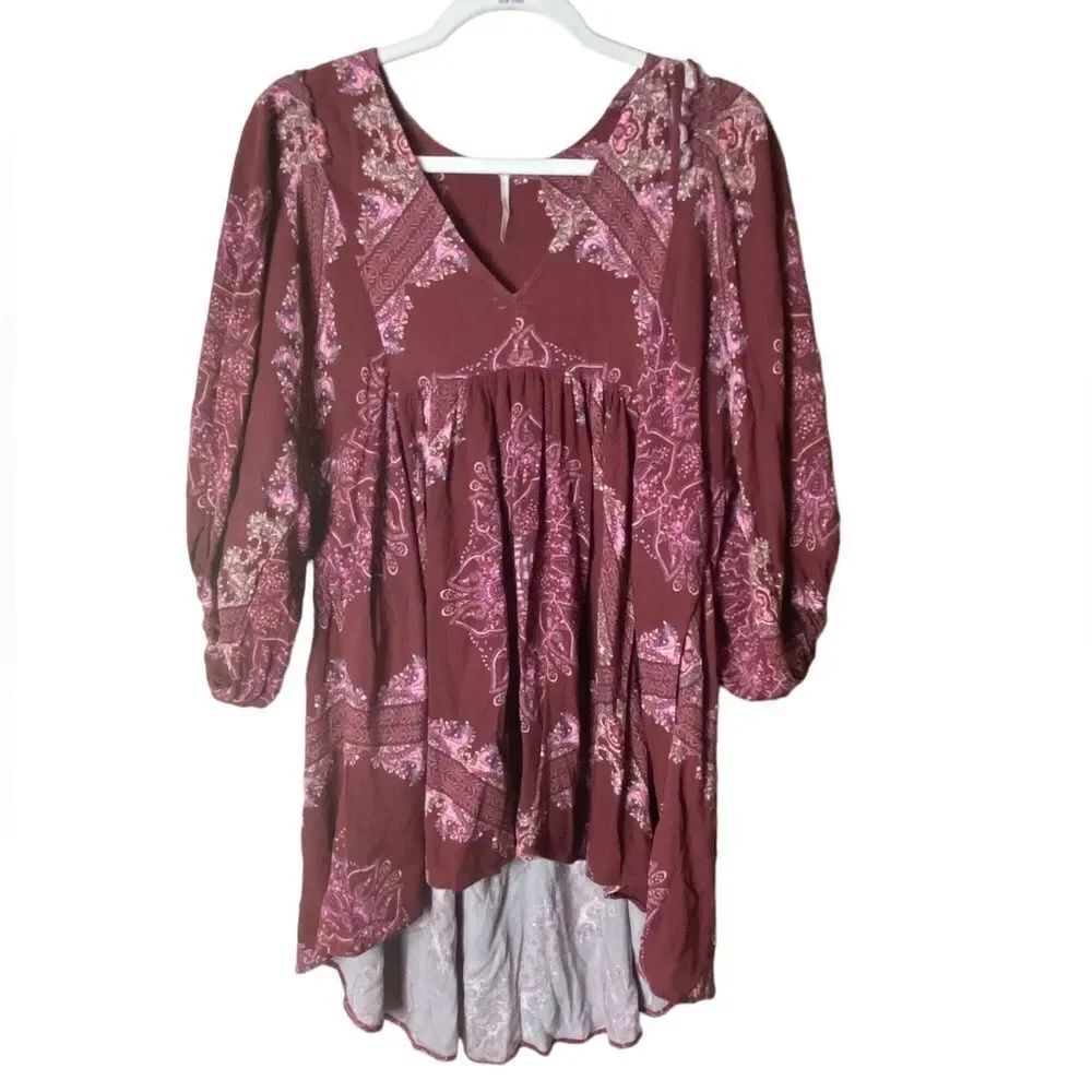 Free People Sz Sm Maroon Floral Girl Talk Printed Oversized Tunic Top Blouse